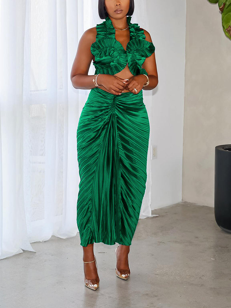 Satin Ruffle Crop Top & Skirt Set