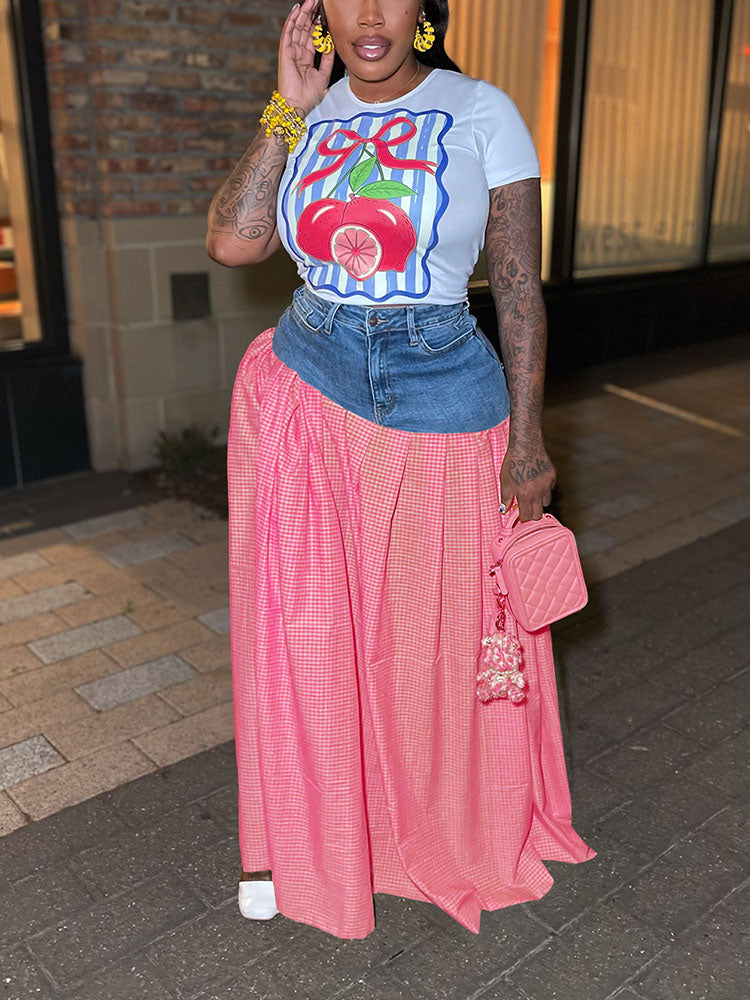Lemon Printed Top & Denim Gingham Skirt Set