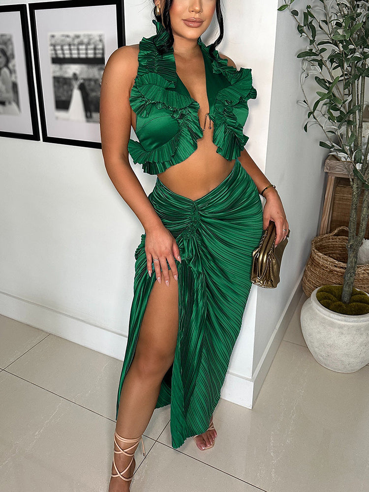 Satin Ruffle Crop Top & Skirt Set