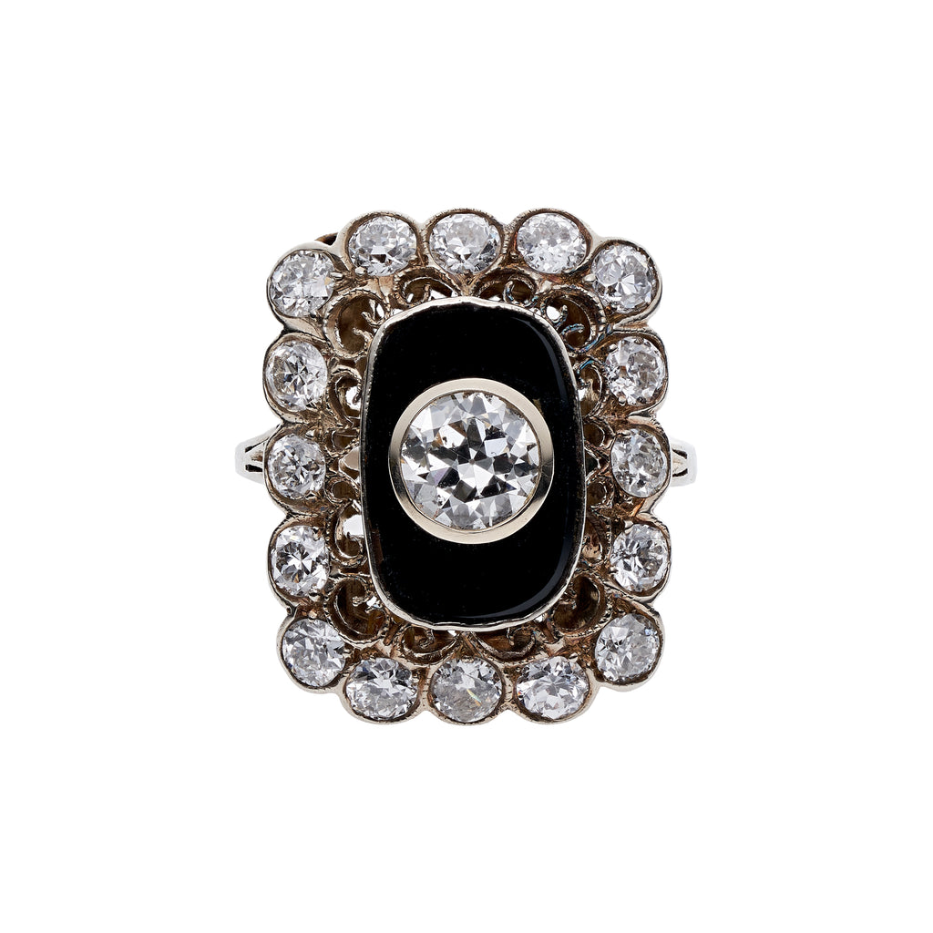 Antique 1920's French 18k WG Bezel Set Diamond w/ Onyx & Diamond Surround Ring