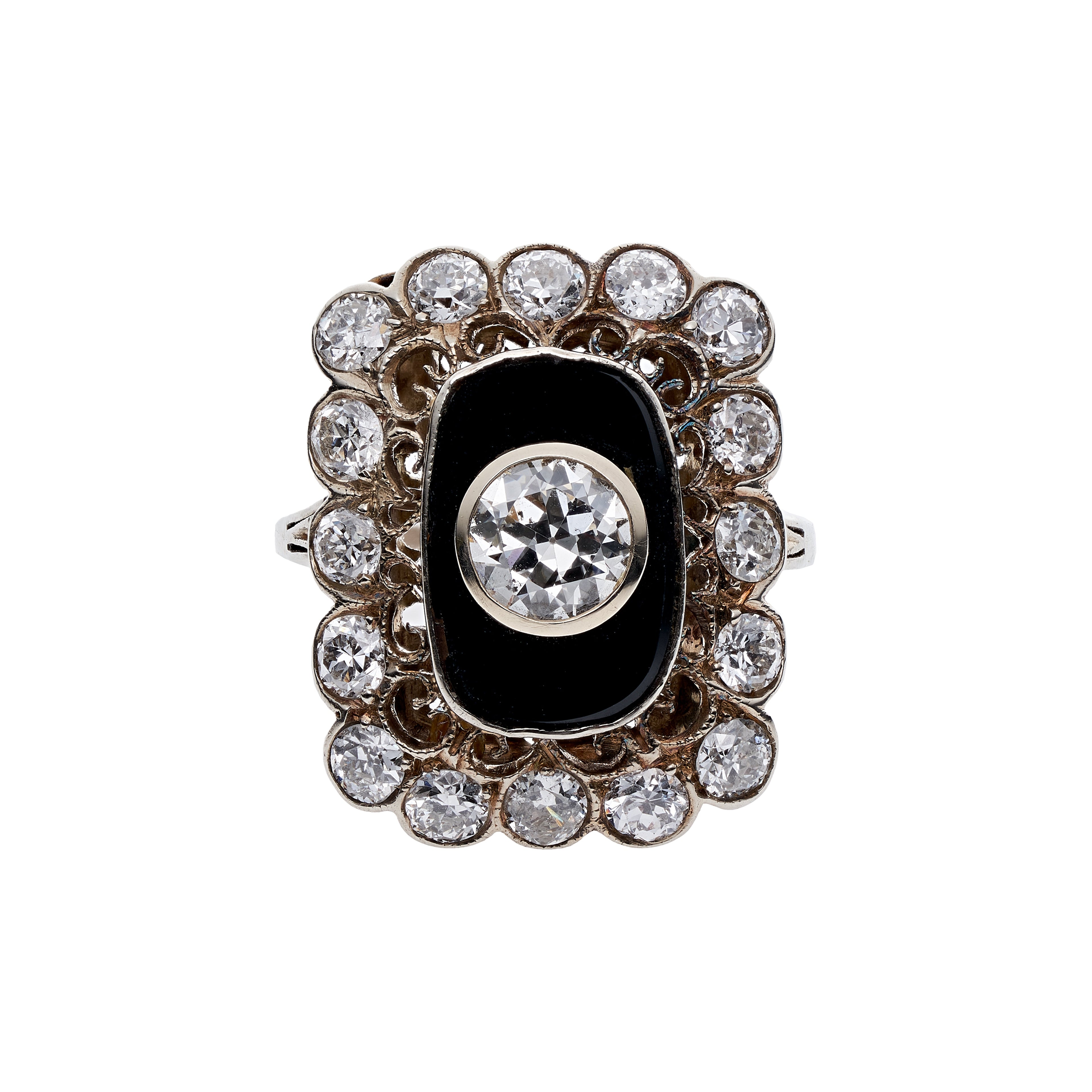 Antique 1920's French 18k WG Bezel Set Diamond w/ Onyx & Diamond Surround Ring