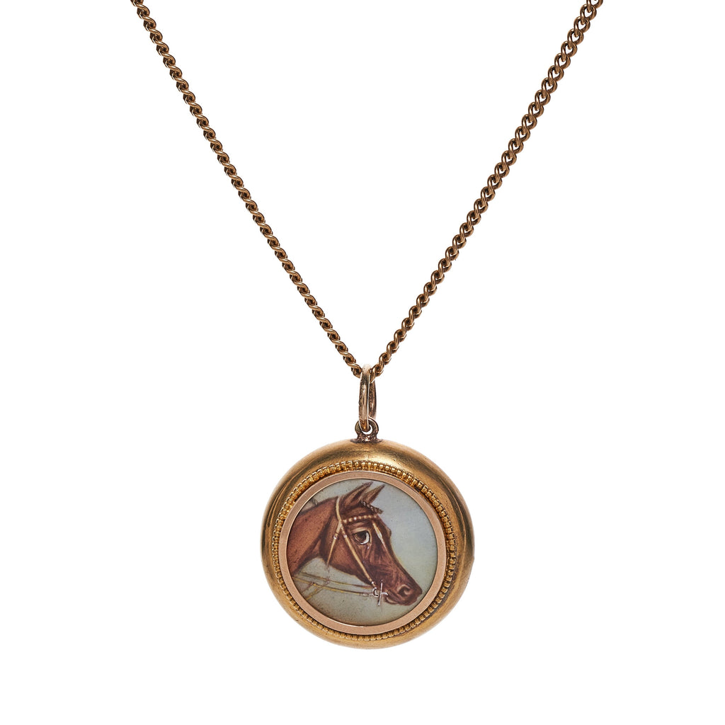 Antique Victorian 14k Hand Painted Enamel Horse Pendant