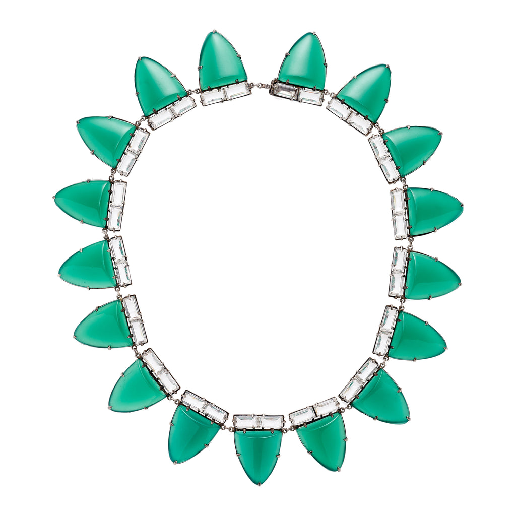 Antique Art Deco White Gold Chrysoprase and Rock Crystal Collar Necklace