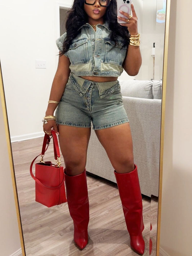 Washed Denim Button Top & Shorts Set