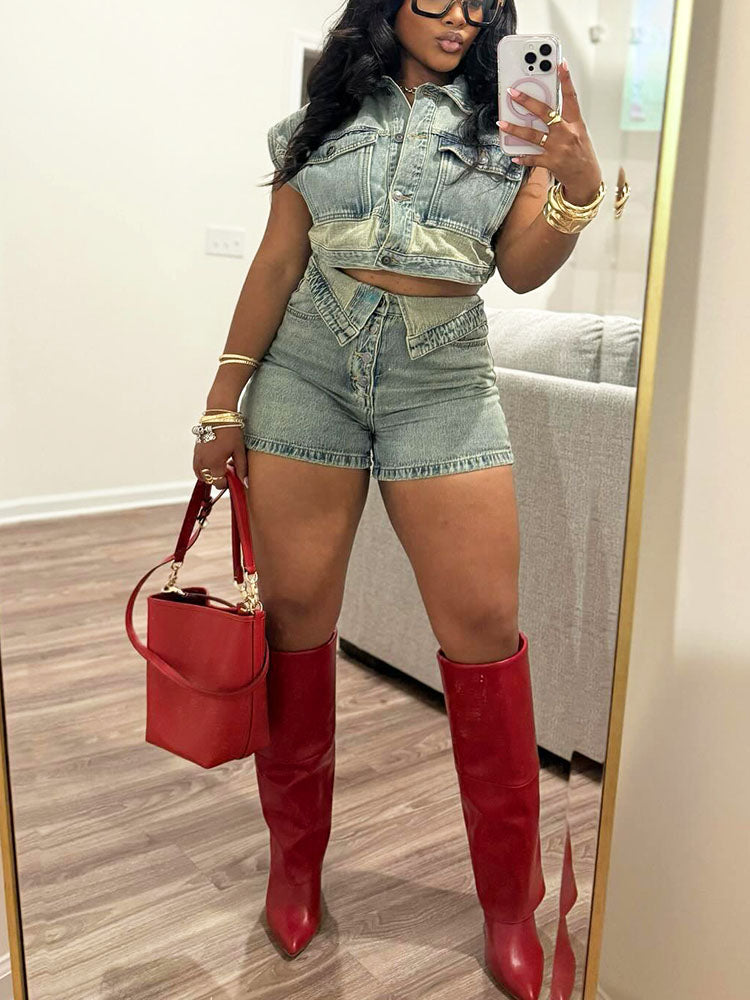 Washed Denim Button Top & Shorts Set