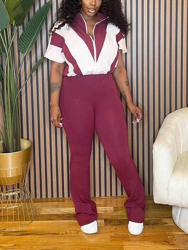 Contrast Zip-Front Flared Jumpsuit