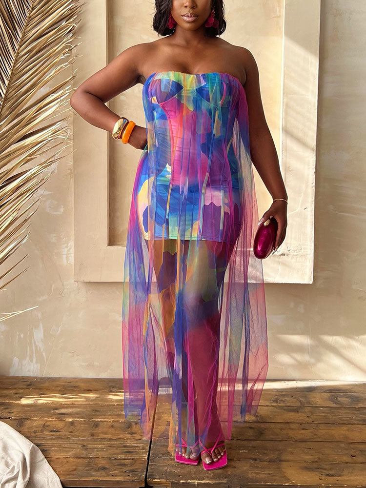 Vibrant Mesh Strapless Maxi Dress