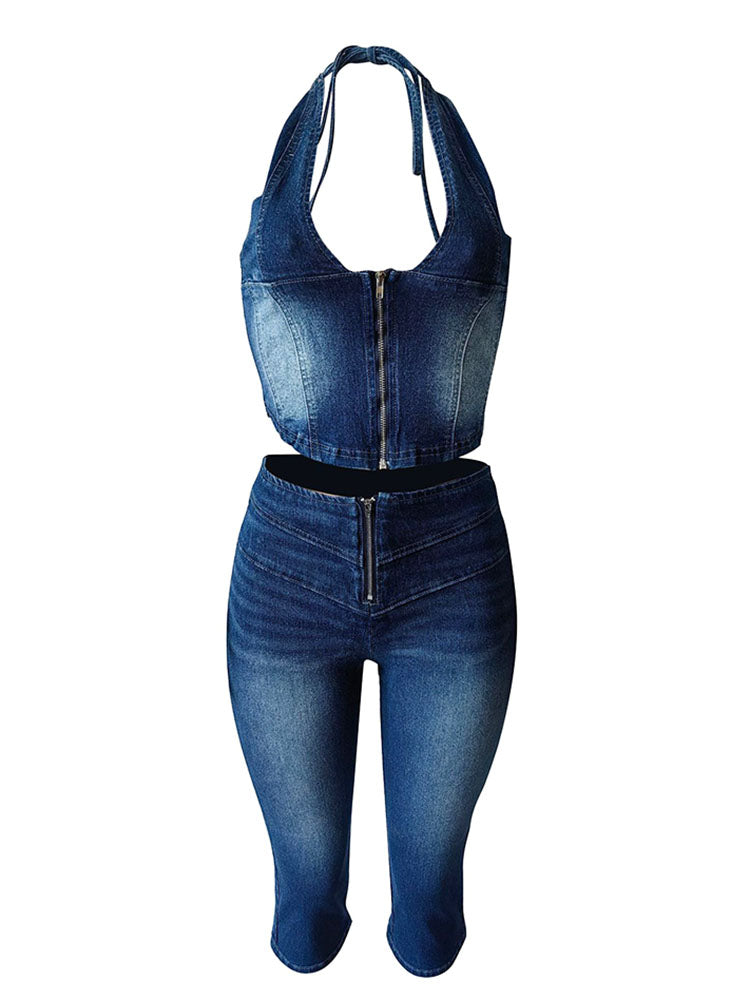 Denim Halter Crop Top & Capri Set